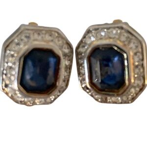 Vintage Jeweled Clip Dark Blue Earrings - dark blue stone , silver gold setting